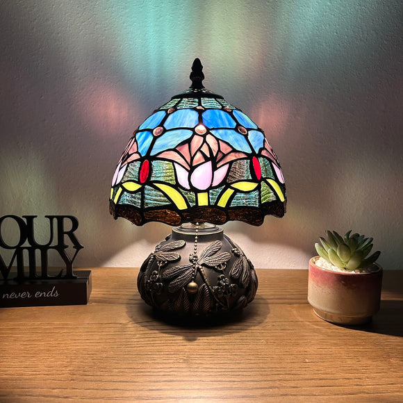 Tiffany Style Mini Table Lamp Blue Stained Glass Purple Tulips 8