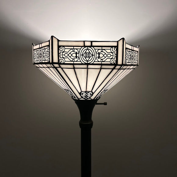Tiffany Style Floor Lamp White Stained Glass Hexagon Vintage EF1231