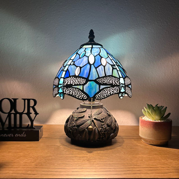 Tiffany Style Mini Table Lamp Blue Stained Glass Dragonfly 8