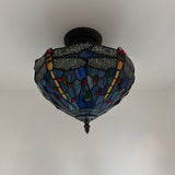 Tiffany Style Ceiling Lamp Blue Stained Glass Dragonfly LED Bulbs 12”W*12”D*12”H