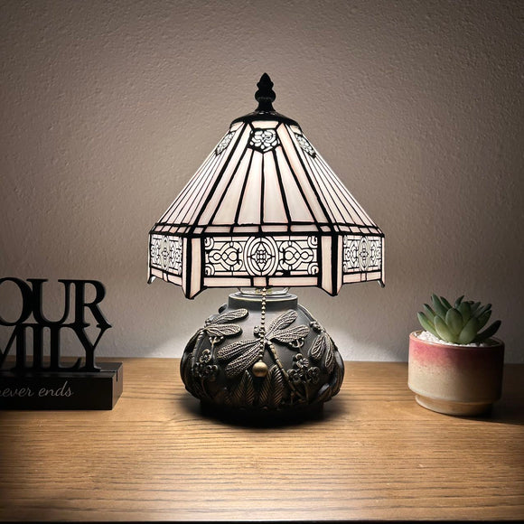Tiffany Style Mini Table Lamp White Stained Glass Hexagon 8