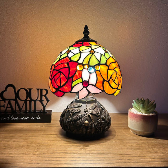 Tiffany Style Mini Table Lamp Stained Glass Rose Flowers 8