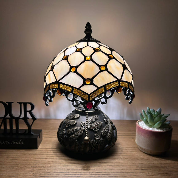 Tiffany Style Mini Table Lamp Beige Stained Glass Crystal Beans 8