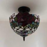 Tiffany Style Ceiling Light Fixtures Stained Glass Rose Flowers LED Bulbs 12”W*12”D*12”H
