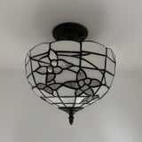 Tiffany Style Ceiling Lamp White Stained Glass Flowers 12"W*12"D*12"H