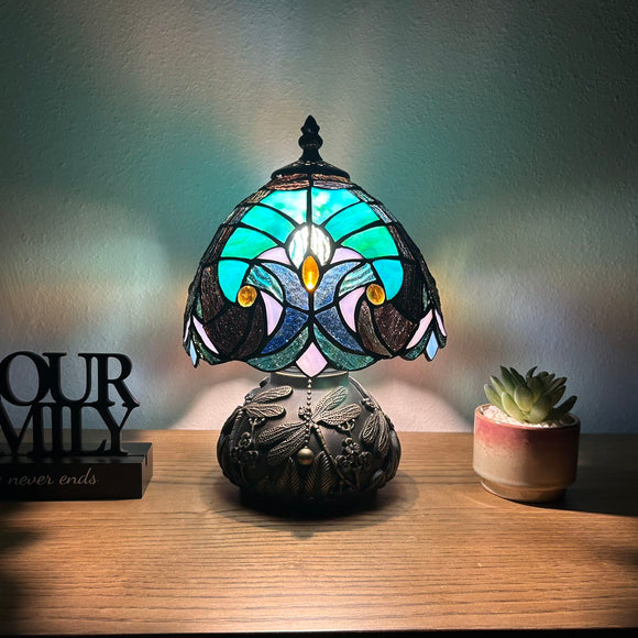 Tiffany Style Mini Table Lamp Green Brown Stained Glass 8
