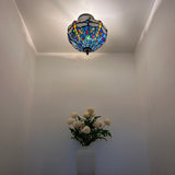 Tiffany Style Ceiling Lamp Blue Stained Glass Dragonfly LED Bulbs 12”W*12”D*12”H