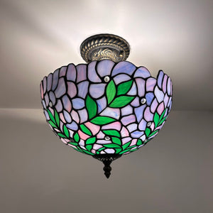 Tiffany Style Ceiling Lights Fixt Purple Stained Glass Green Leaves 12"W*12"D*12"H