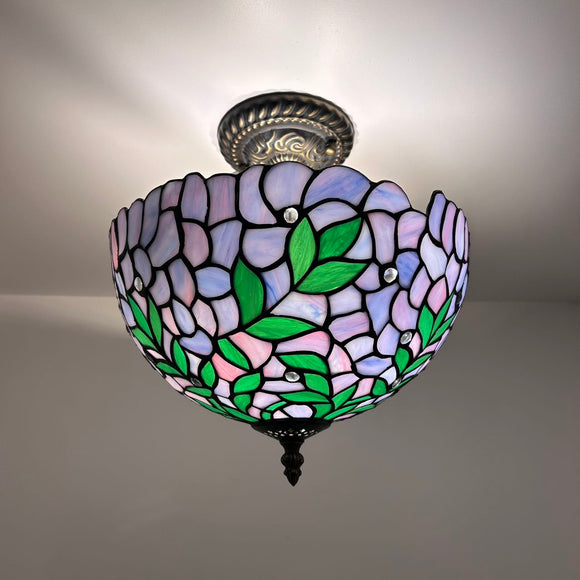 Tiffany Style Ceiling Lights Fixt Purple Stained Glass Green Leaves 12