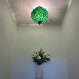 Tiffany Style Ceiling Lamp Green Stained Glass Leaves 12"W*12"D*12"H