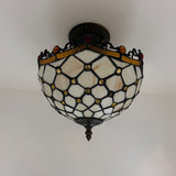 Tiffany Style Ceiling Lamp Beige Stained Glass Crystal Beans 12"W*12"D*12"H