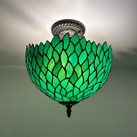 Tiffany Style Ceiling Lamp Green Stained Glass Leaves 12