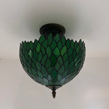 Tiffany Style Ceiling Lamp Green Stained Glass Leaves 12"W*12"D*12"H