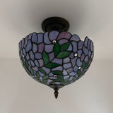 Tiffany Style Ceiling Lights Fixt Purple Stained Glass Green Leaves 12"W*12"D*12"H