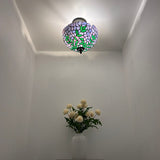 Tiffany Style Ceiling Lights Fixt Purple Stained Glass Green Leaves 12"W*12"D*12"H