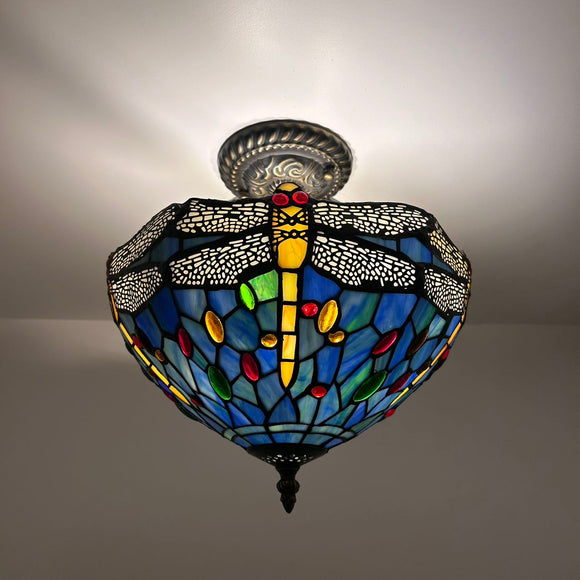 Tiffany Style Ceiling Lamp Blue Stained Glass Dragonfly LED Bulbs 12”W*12”D*12”H