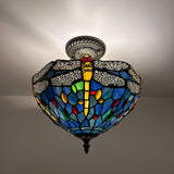 Tiffany Style Ceiling Lamp Blue Stained Glass Dragonfly LED Bulbs 12”W*12”D*12”H