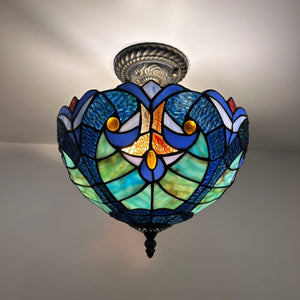 Tiffany Style Ceiling Lights Fixt Green Blue Stained Glass 12"W*12"D*12"H