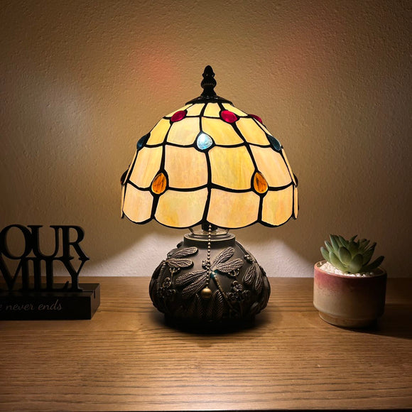 Tiffany Style Mini Table Lamp Gold Stained Glass Crystal Beans 8