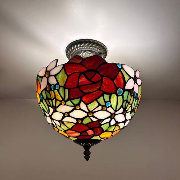 Tiffany Style Ceiling Light Fixtures Stained Glass Rose Flowers LED Bulbs 12”W*12”D*12”H
