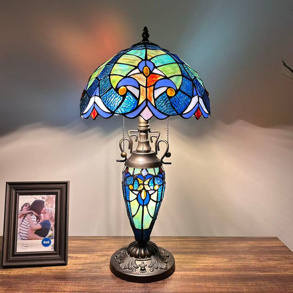Tiffany Style Table Lamp Blue Green Stained Glass Included LED Bulbs 12