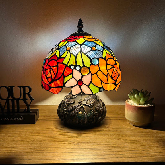 Tiffany Style Mini Table Lamp Stained Glass Rose Flowers 8