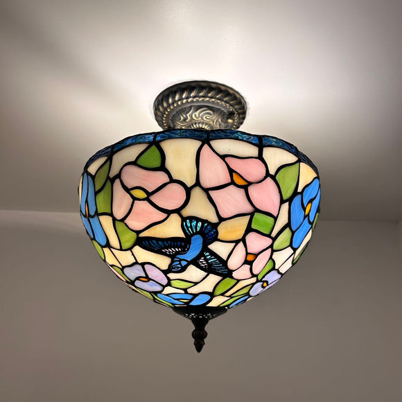 Tiffany Style Ceiling Lamp Blue Stained Hummingbird Flowers 12