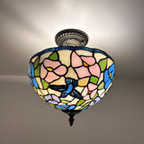 Tiffany Style Ceiling Lamp Blue Stained Hummingbird Flowers 12"W*12"D*12"H