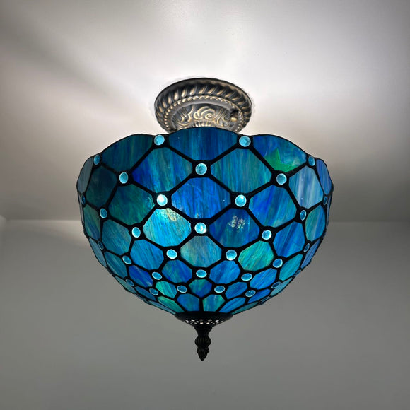 Tiffany Style Ceiling Lights Fixt Green Blue Stained Glass Crystal Beans 12