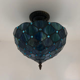 Tiffany Style Ceiling Lights Fixt Green Blue Stained Glass Crystal Beans 12"W*12"D*12"H