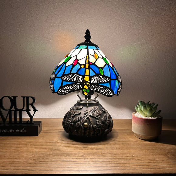 Tiffany Style Mini Table Lamp Blue Stained Glass Dragonfly 8