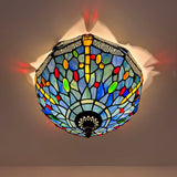 Tiffany Style Ceiling Lamp Blue Stained Glass Dragonfly 12"W*12"D*8"H