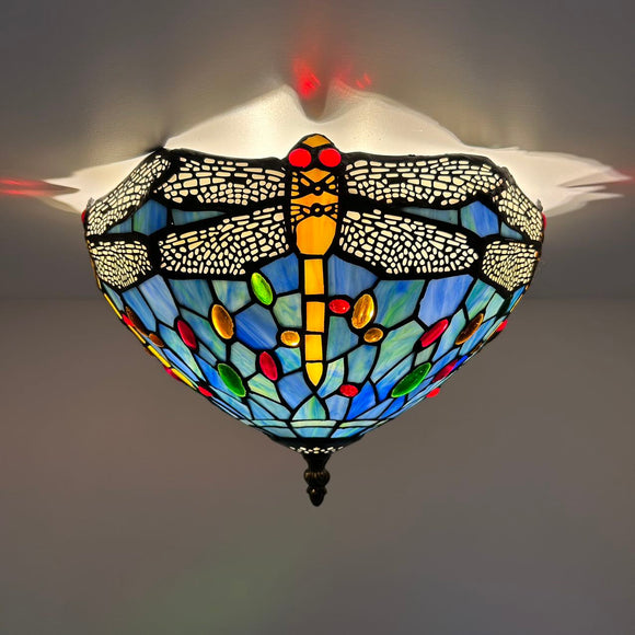 Tiffany Style Ceiling Lamp Blue Stained Glass Dragonfly 12