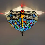 Tiffany Style Ceiling Lamp Blue Stained Glass Dragonfly 12"W*12"D*8"H