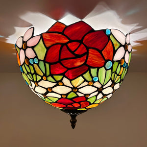 Tiffany Style Ceiling Light Fixtures Stained Glass Rose Flowers LED Bulbs 12"W*12"D*8"H