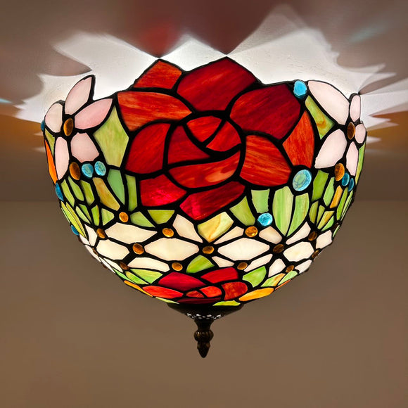 Tiffany Style Ceiling Light Fixtures Stained Glass Rose Flowers LED Bulbs 12