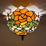Tiffany Style Ceiling Light Fixtures Stained Glass Rose Flowers LED Bulbs 12"W*12"D*8"H