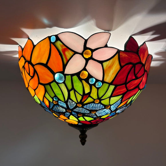 Tiffany Style Ceiling Light Fixtures Stained Glass Rose Flowers LED Bulbs 12