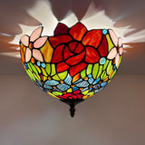 Tiffany Style Ceiling Light Fixtures Stained Glass Rose Flowers LED Bulbs 12"W*12"D*8"H