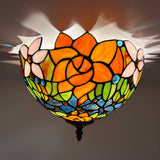 Tiffany Style Ceiling Light Fixtures Stained Glass Rose Flowers LED Bulbs 12"W*12"D*8"H
