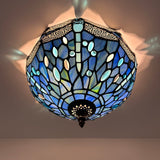 Tiffany Style Ceiling Lamp Blue Stained Glass Dragonfly 12"W*12"D*8"H