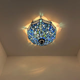 Tiffany Style Ceiling Lamp Blue Stained Glass Dragonfly 12"W*12"D*8"H