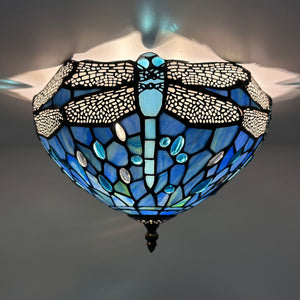 Tiffany Style Ceiling Lamp Blue Stained Glass Dragonfly 12"W*12"D*8"H