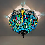 Tiffany Style Ceiling Lamp Green Blue Stained Glass Dragonfly 12"W*12"D*8"H