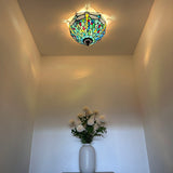 Tiffany Style Ceiling Lamp Green Blue Stained Glass Dragonfly 12"W*12"D*8"H