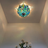 Tiffany Style Ceiling Lamp Green Blue Stained Glass Dragonfly 12"W*12"D*8"H