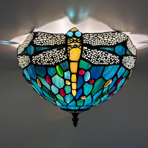 Tiffany Style Ceiling Lamp Green Blue Stained Glass Dragonfly 12