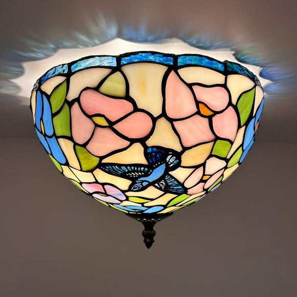 Tiffany Style Ceiling Light Fixtures Stained Glass Hummingbird Flowers LED Bulbs 12