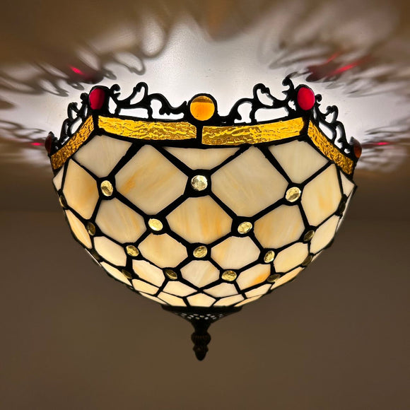 Tiffany Style Ceiling Light Fixtures Beige Stained Glass Crystal Beans LED Bulbs 12