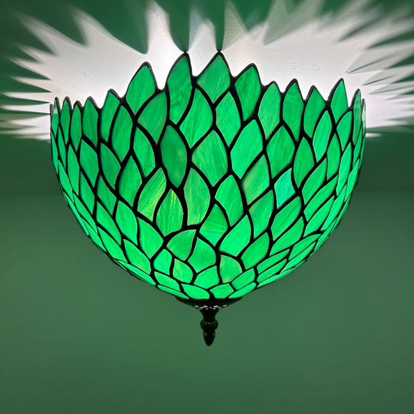 Tiffany Style Ceiling Lamp Green Stained Glass Leaves 12